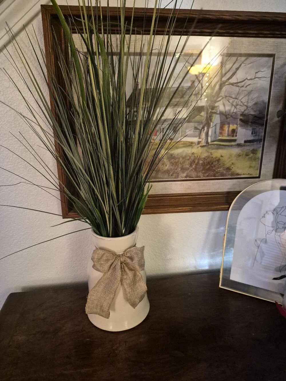 Neutral Ceramic Vase with Burlap Bow and Green Grass Stems For SALE